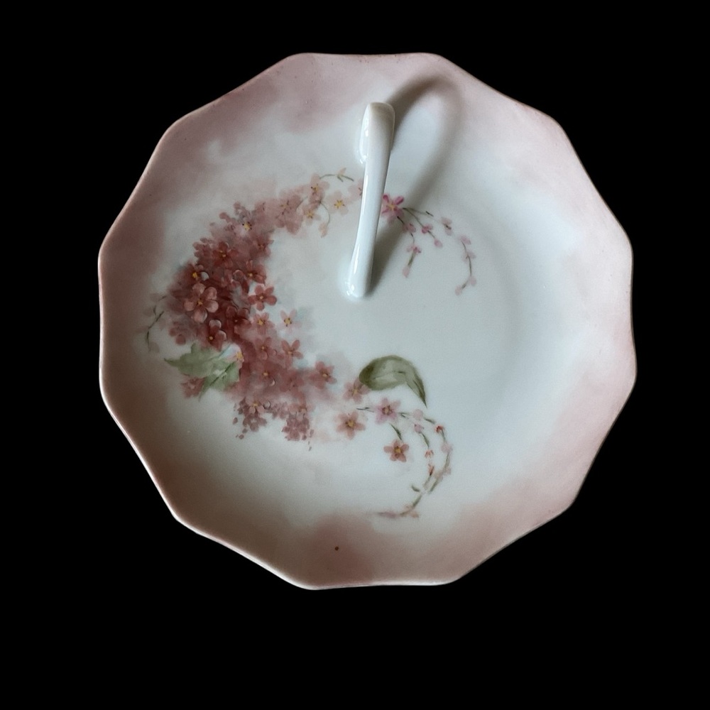 Vintage Floral Pink White Handpainted Dish with Finger Handle Signed